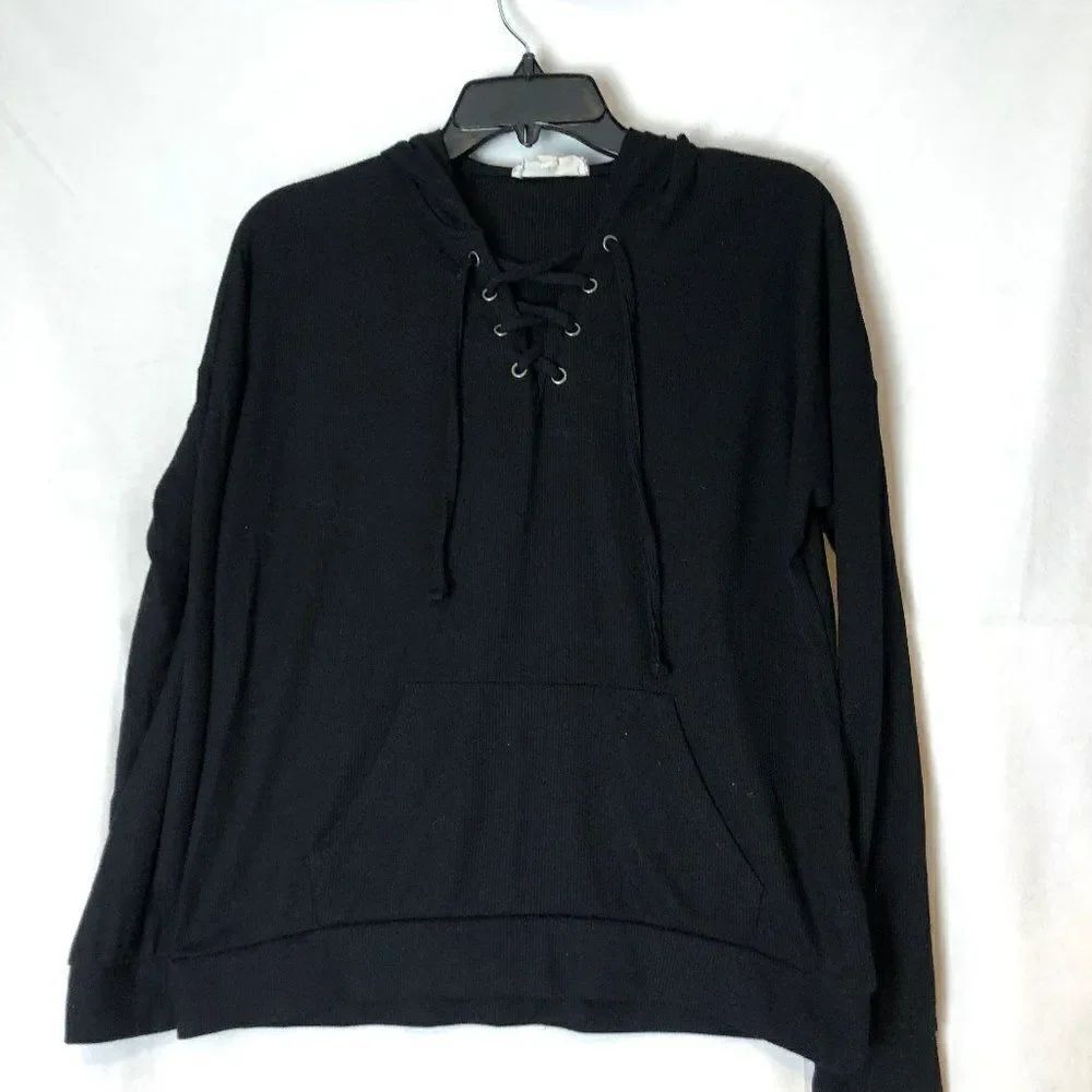 Pink Republic women’s long sleeve hooded t-shirt top size M lace up Black